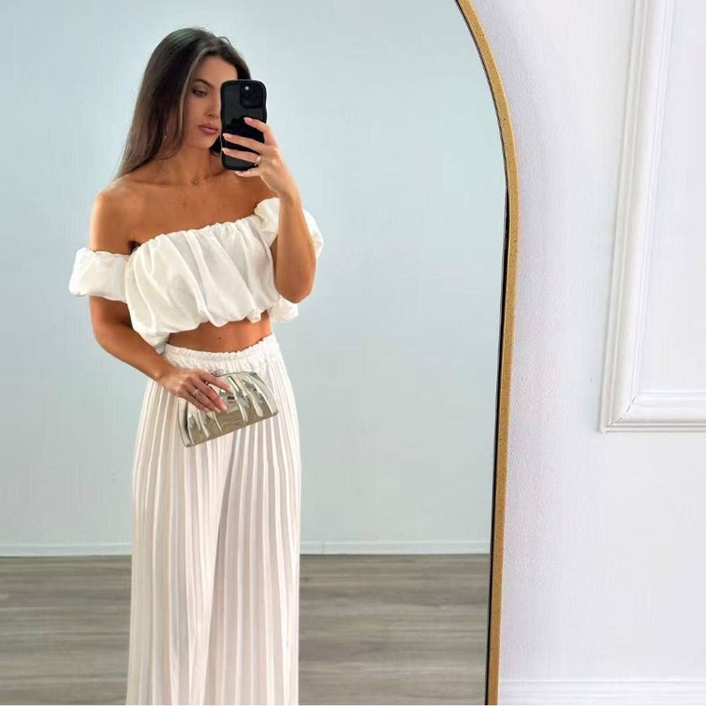 White Two Piece Satin Crop Top and Flare Pant set